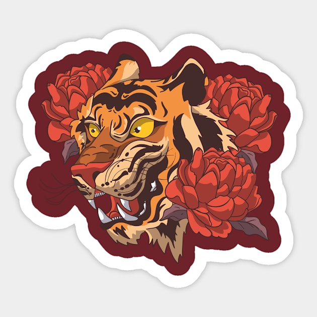 Tiger's head in peonies Sticker by katanya78